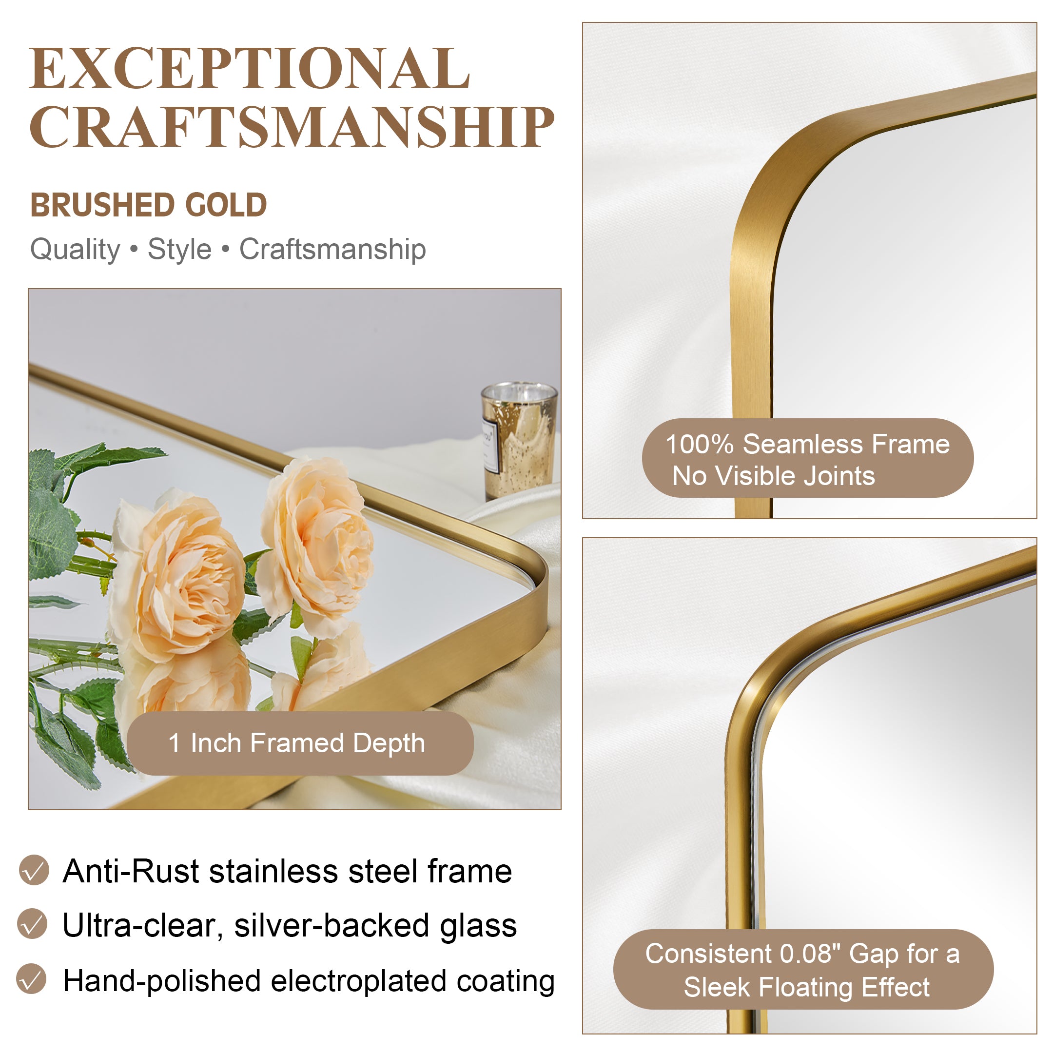 Modern Rounded Rectangle Mirror for Bathroom/ Vanity/ Wall | Stainless Steel Frame