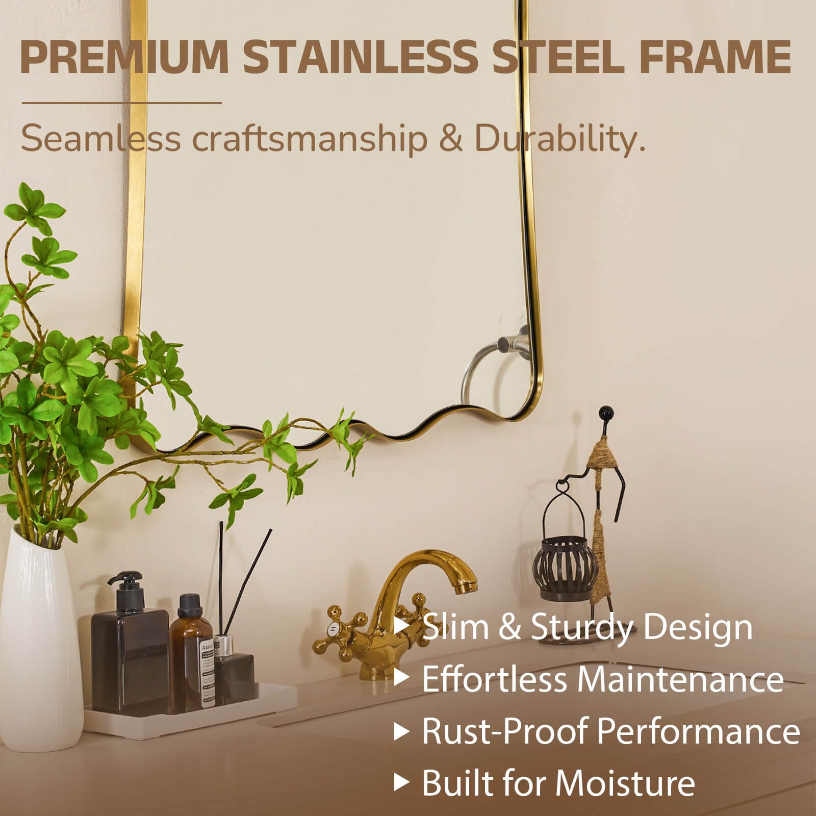 Contemporary Wavy Scalloped Rectangle Mirror Decorative Bathroom Mirror | Stainless Steel Frame