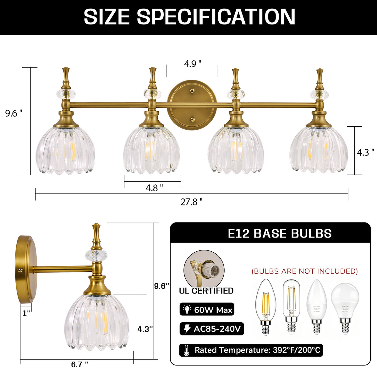 Contemporary Bathroom Vanity Light Fixtures with Tulip Glass Shade Sconces for Bath,Bedroom, Hallway