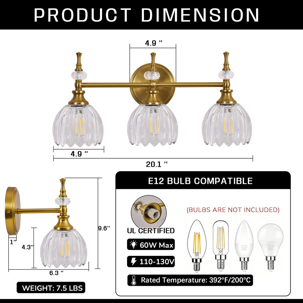 Contemporary Bathroom Vanity Light Fixtures with Tulip Glass Shade Sconces for Bath,Bedroom, Hallway
