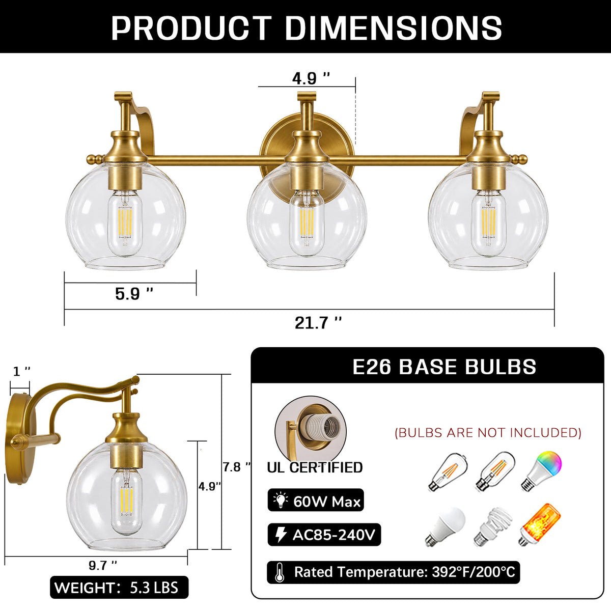 Modern Clear Globe Glass Shade Metal Crank Frame Bathroom Sconces