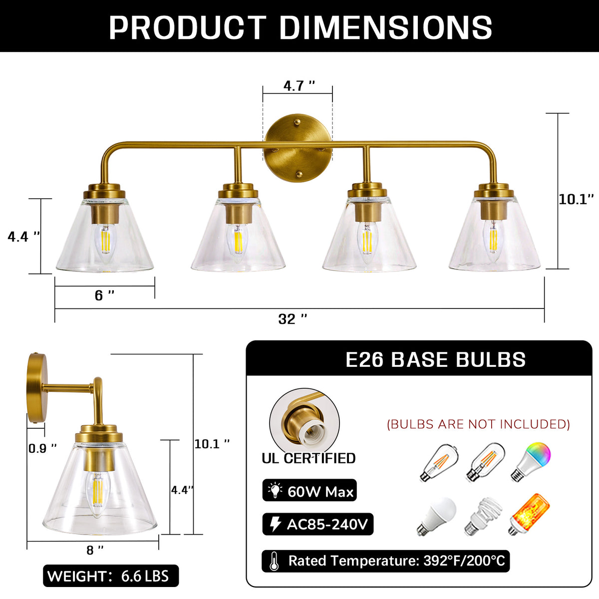 Modern Cone Clear Glass Shade Bathroom Wall Sconces