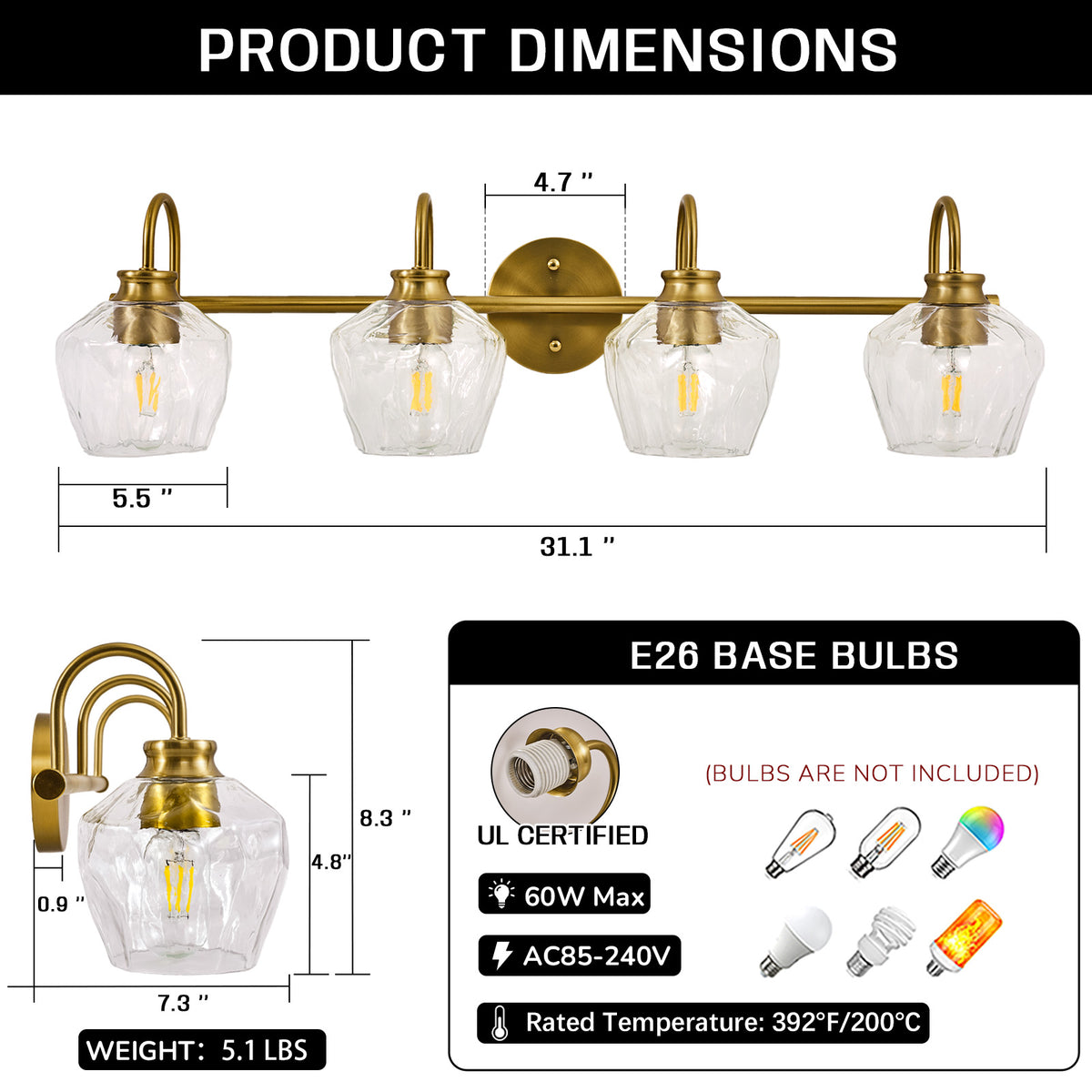 Contemporary Hammer Glass Shade Gooseneck Bathroom Wall Sconce