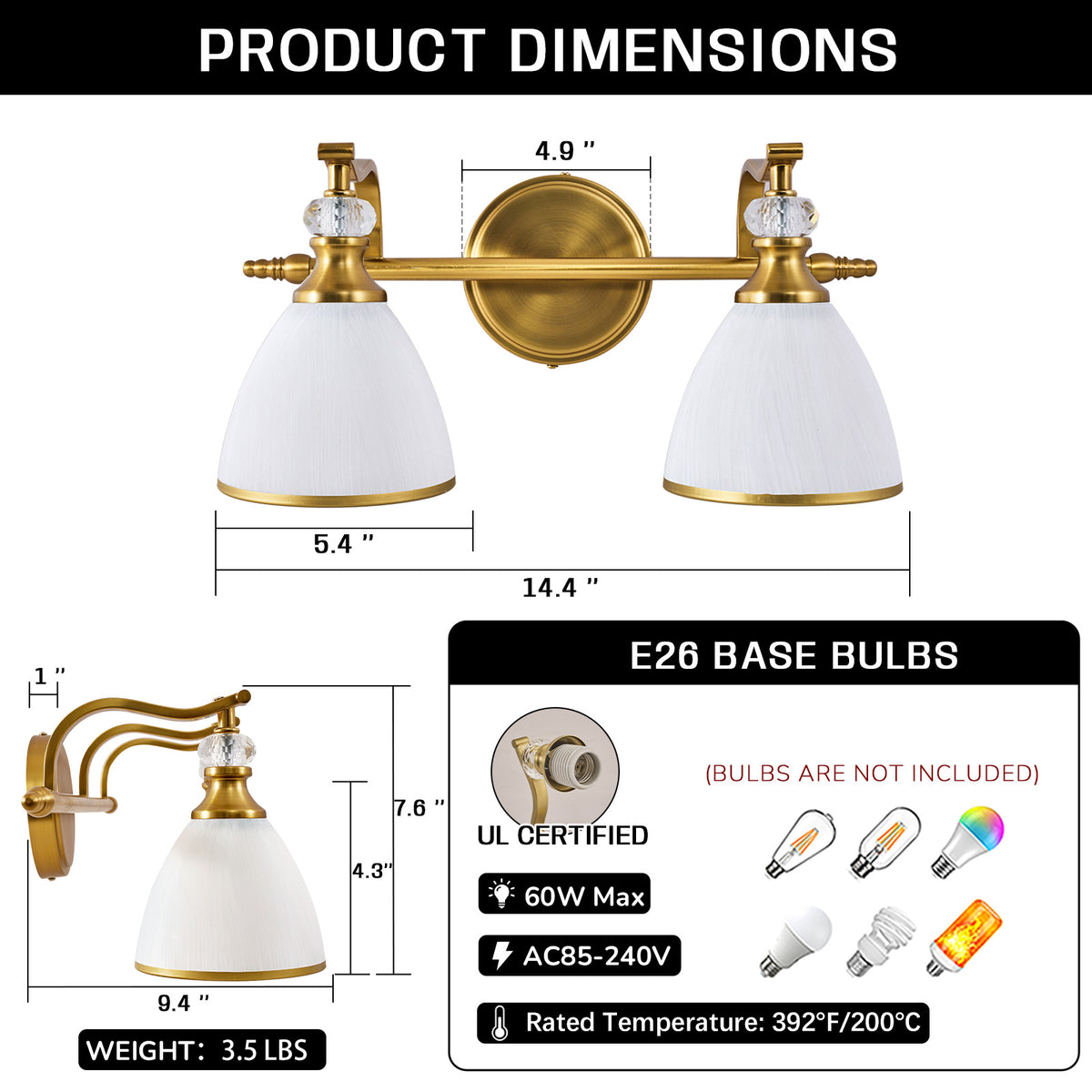 Artistical Metal Crank Frame White Frosted Trumpet Shade Bathroom Sconces