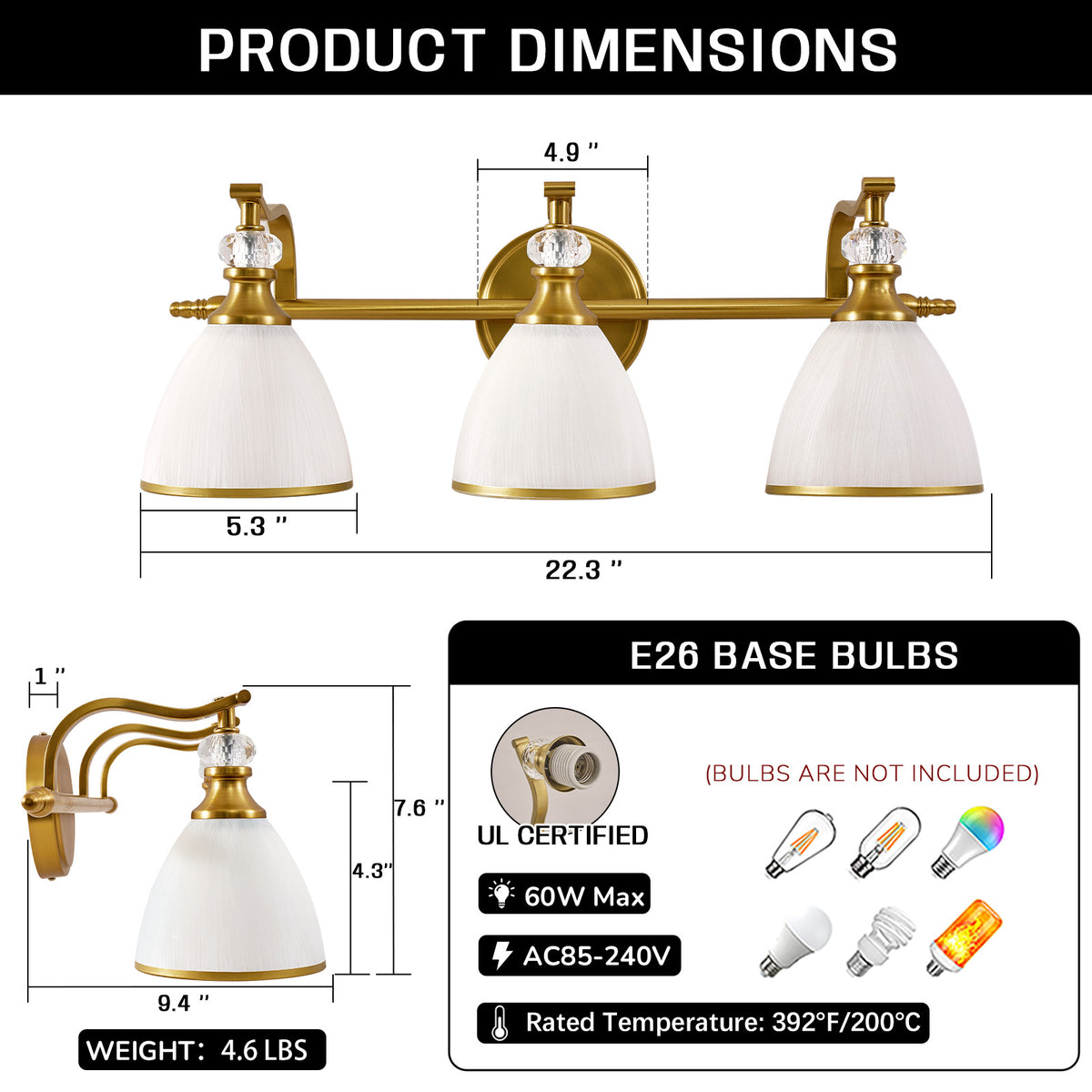 Artistical Metal Crank Frame White Frosted Trumpet Shade Bathroom Sconces