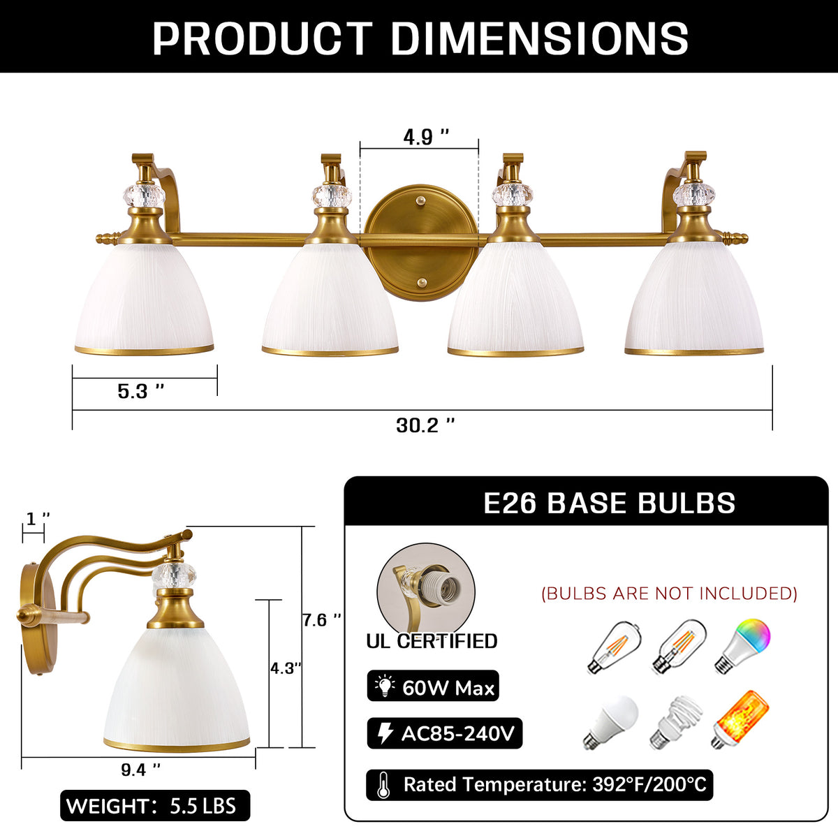 Artistical Metal Crank Frame White Frosted Trumpet Shade Bathroom Sconces