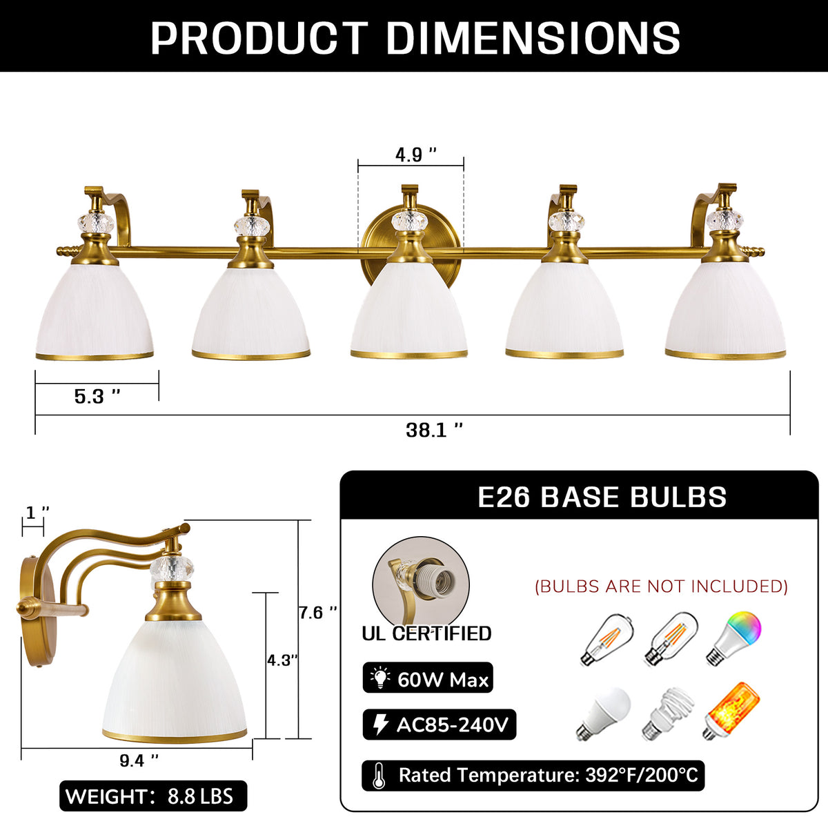 Artistical Metal Crank Frame White Frosted Trumpet Shade Bathroom Sconces
