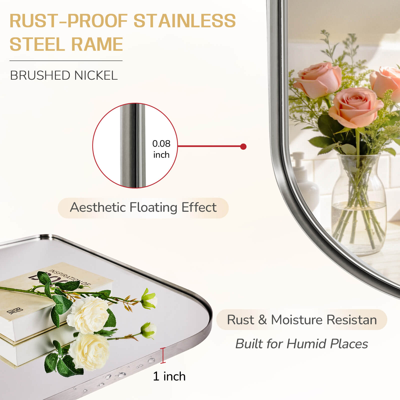 Modern Mantel Wide Arch Rectangle Bathroom Vanity Mirror | Stainless Steel Frame
