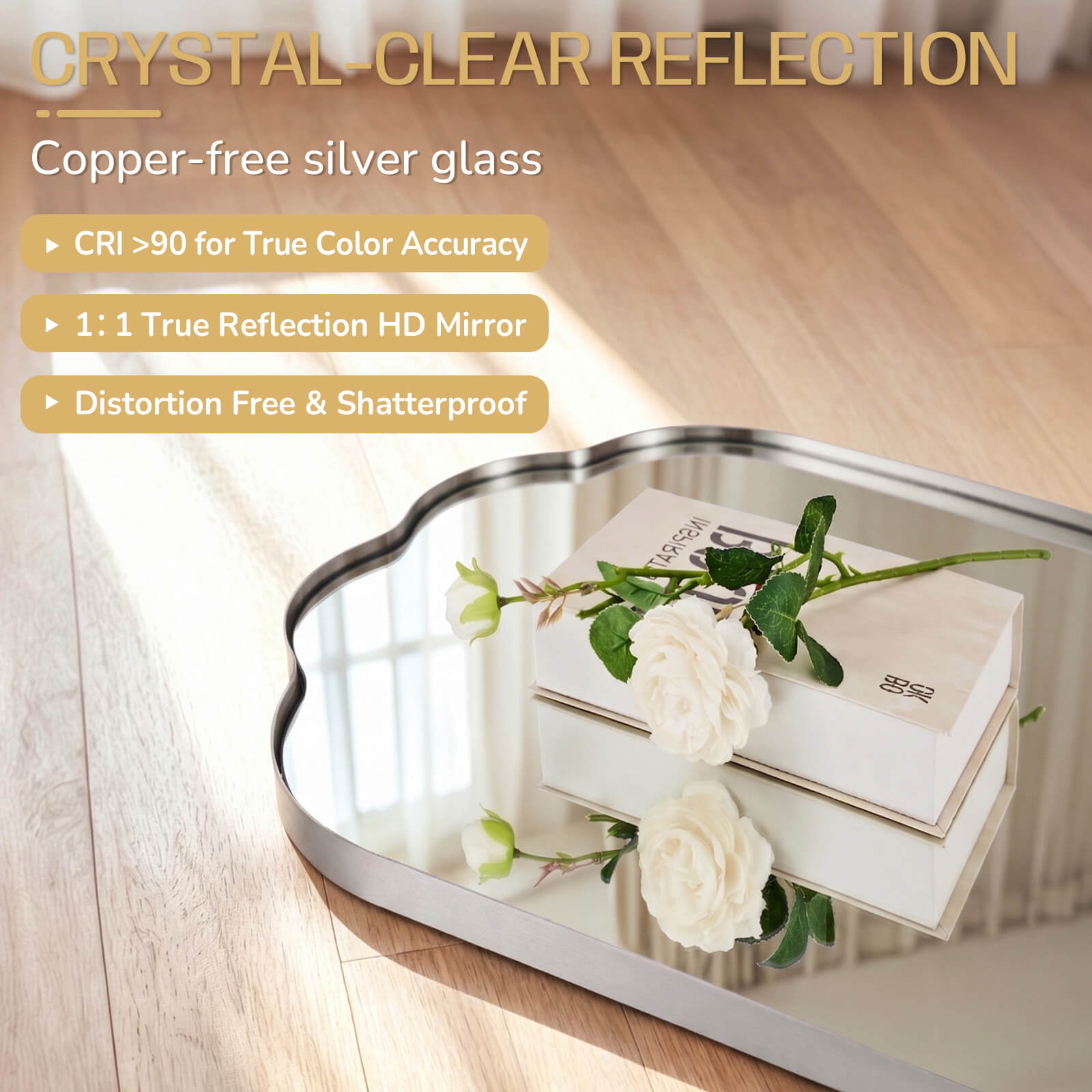Contemporary Pill Shaped Long Oval Scalloped Bathroom Vanity Wall Mirror| Stainless Steel Framed