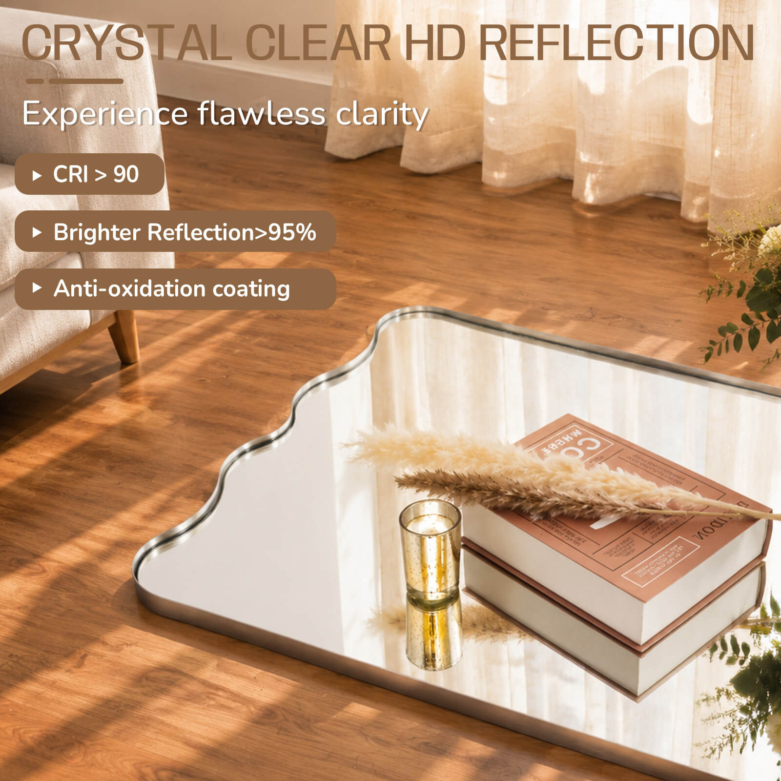 Contemporary Wavy Scalloped Rectangle Mirror Decorative Bathroom Mirror | Stainless Steel Frame