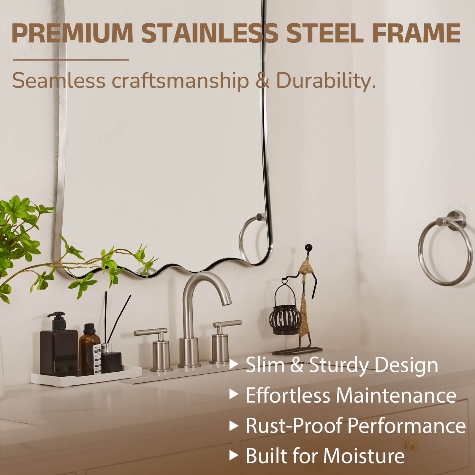 Contemporary Wavy Scalloped Rectangle Mirror Decorative Bathroom Mirror | Stainless Steel Frame