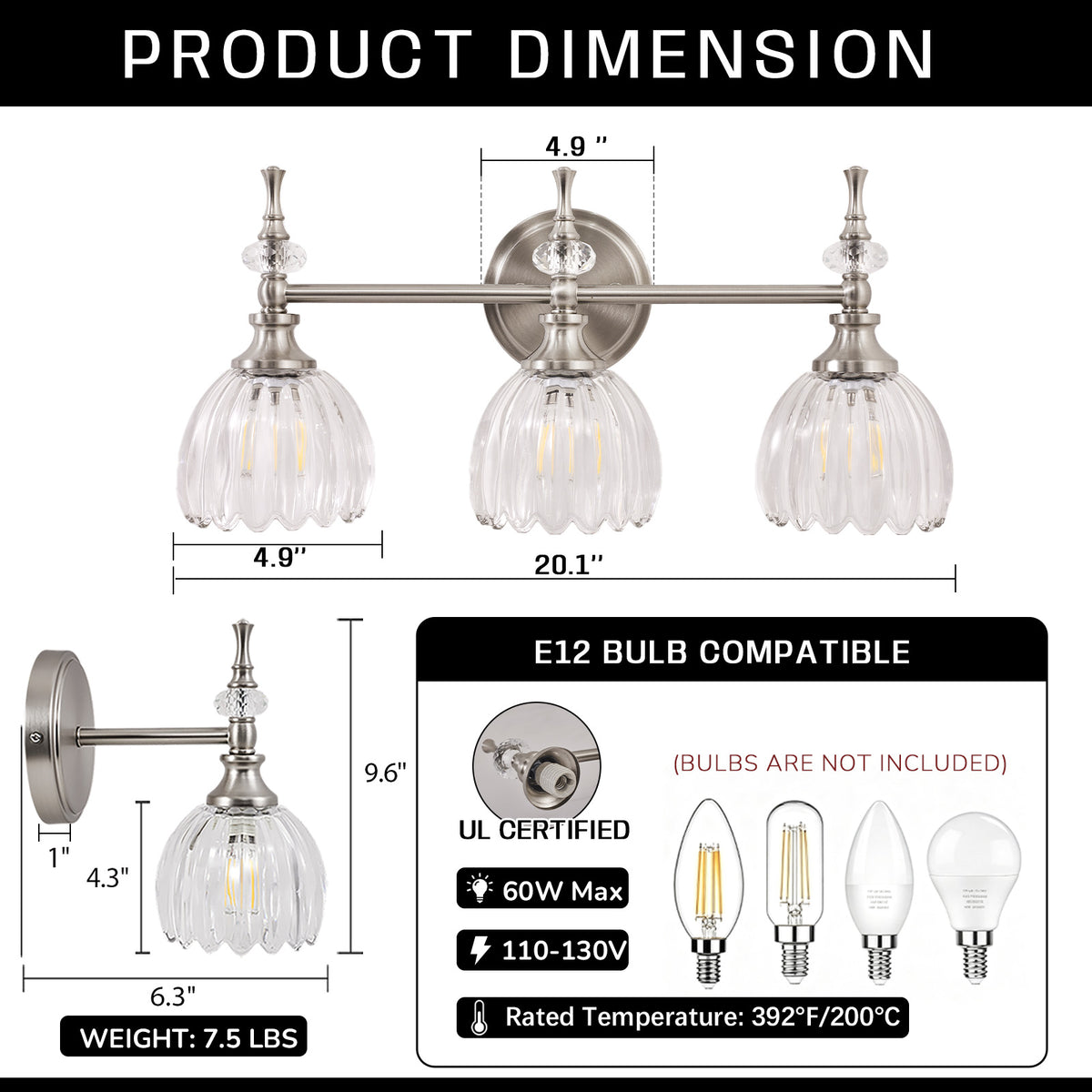 Contemporary Bathroom Vanity Light Fixtures with Tulip Glass Shade Sconces for Bath,Bedroom, Hallway