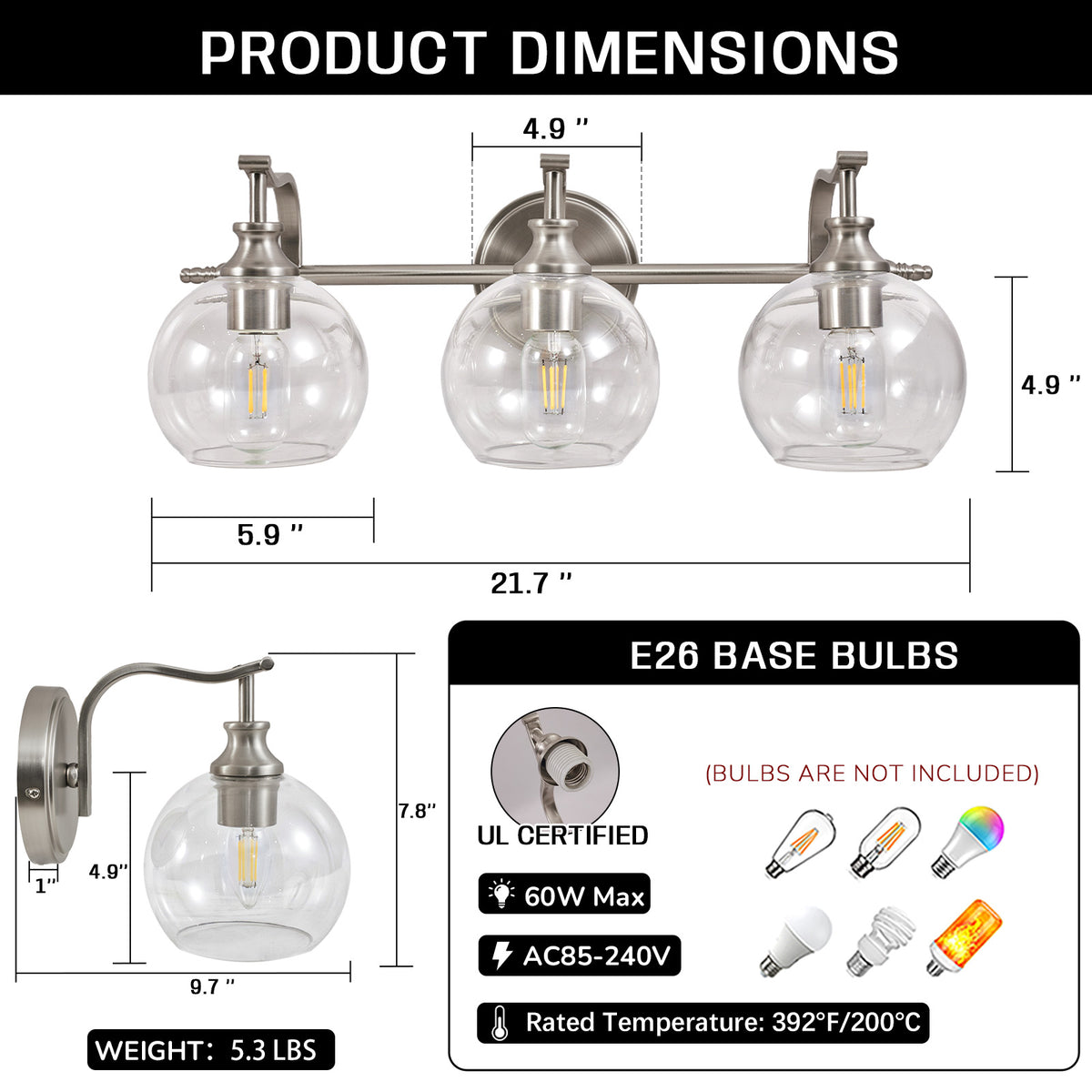 Modern Clear Globe Glass Shade Metal Crank Frame Bathroom Sconces