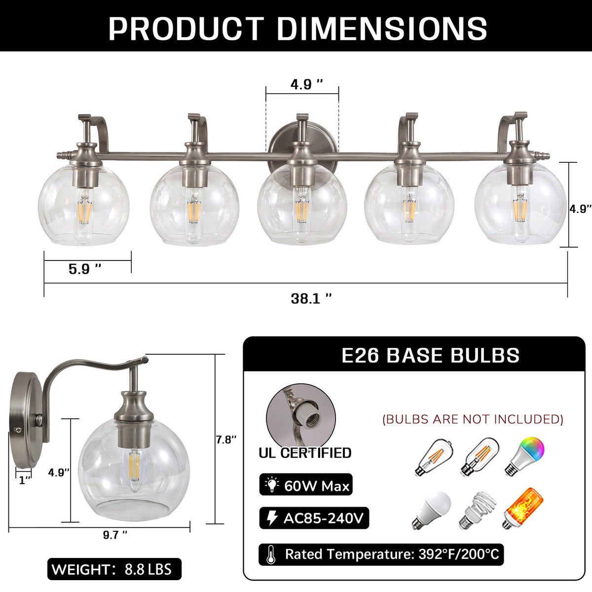 Modern Clear Globe Glass Shade Metal Crank Frame Bathroom Sconces