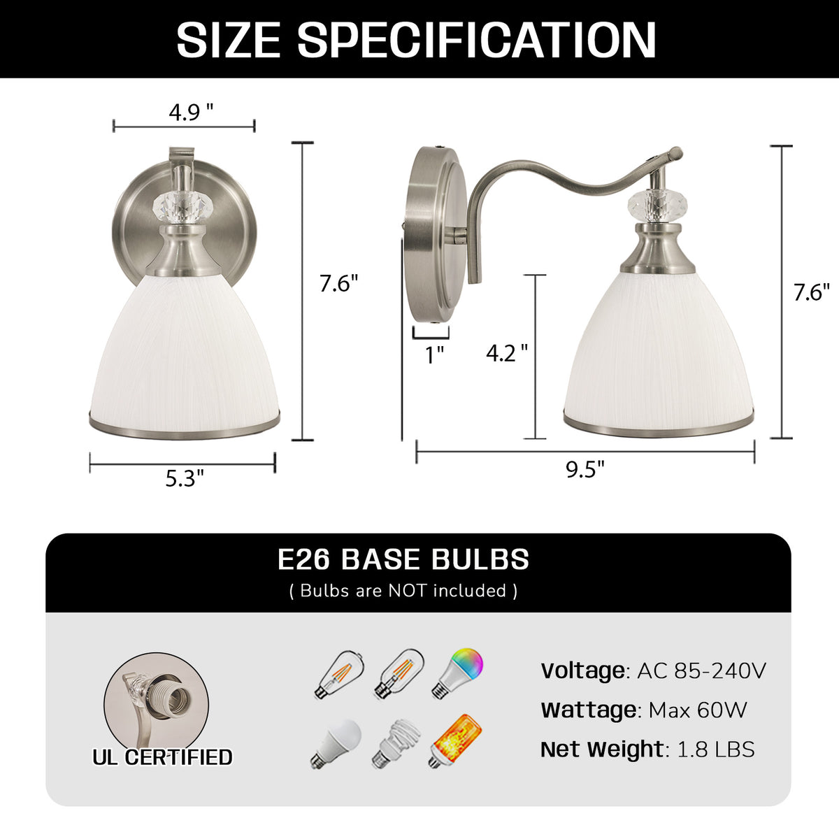 Artistical Metal Crank Frame White Frosted Trumpet Shade Bathroom Sconces