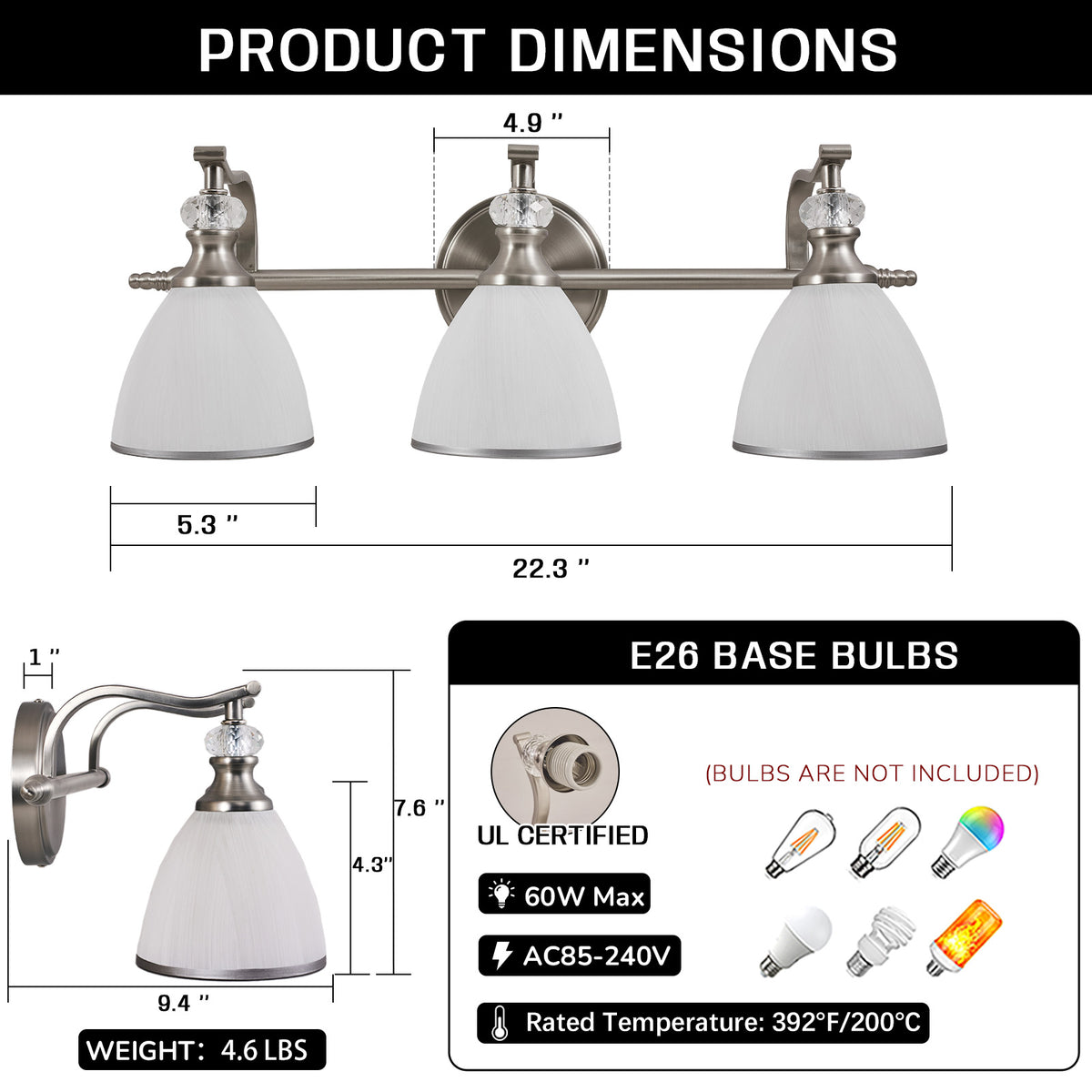 Artistical Metal Crank Frame White Frosted Trumpet Shade Bathroom Sconces