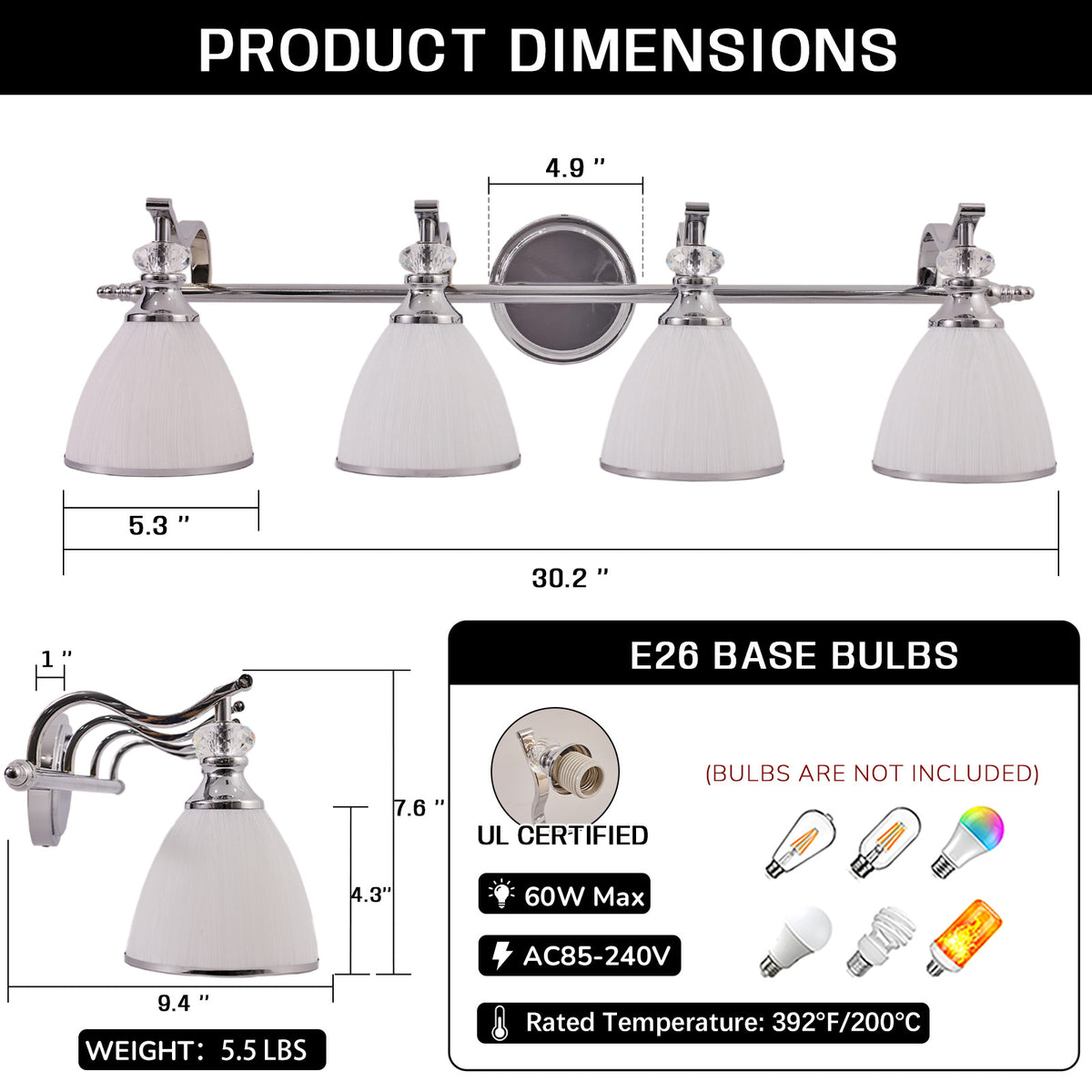 Artistical Metal Crank Frame White Frosted Trumpet Shade Bathroom Sconces
