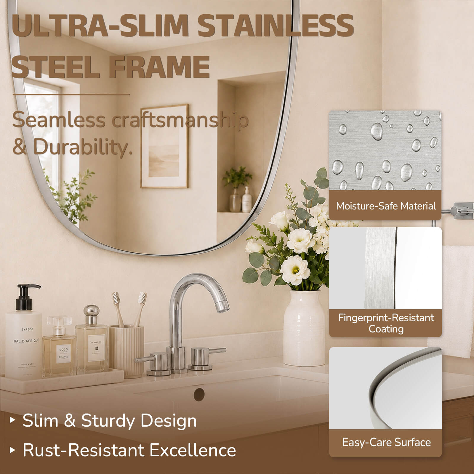 Contemporary Irregular Organic Bathroom Wall Mirror Asymmetric Decorative Mirror | Stainless Steel Frame