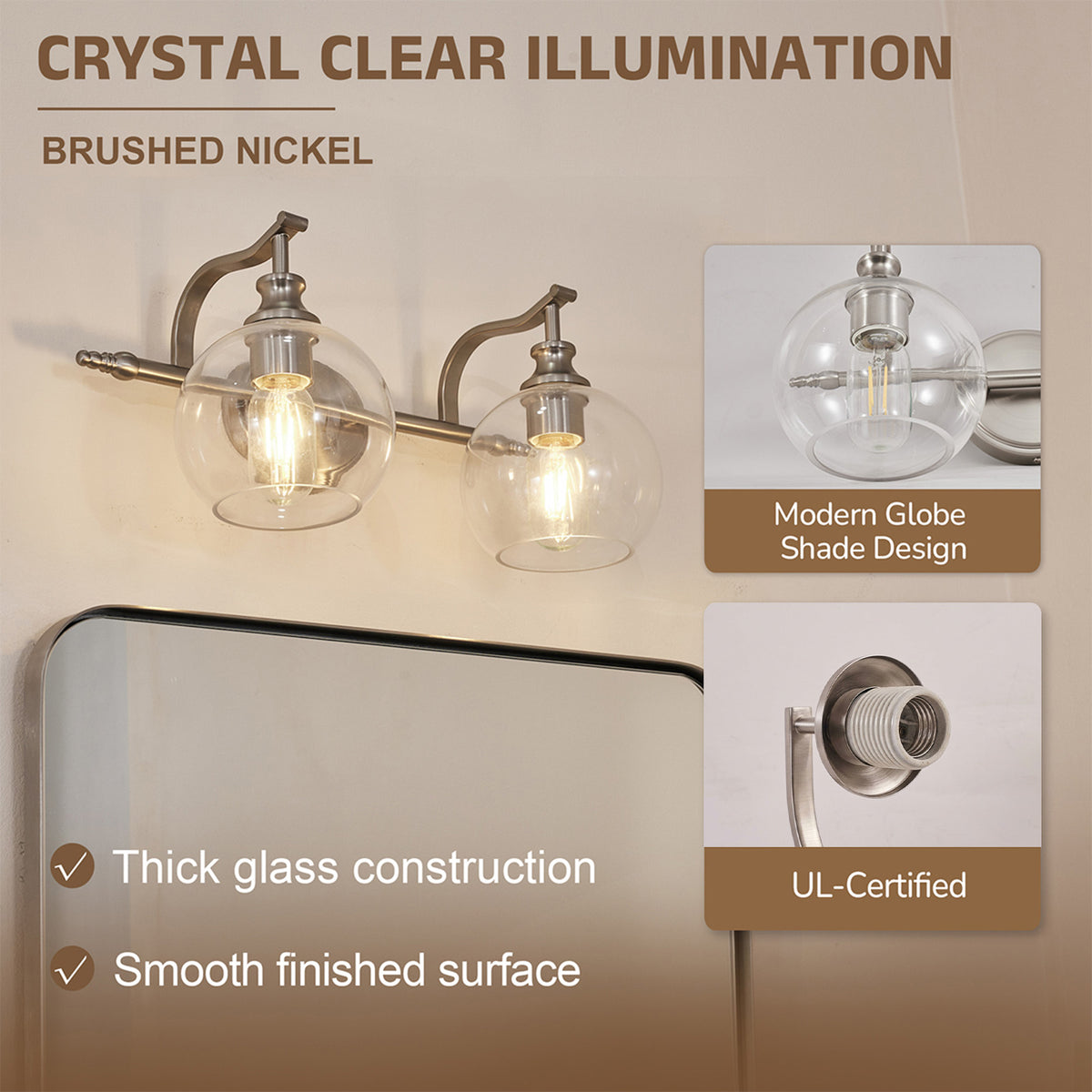 Modern Clear Globe Glass Shade Metal Crank Frame Bathroom Sconces