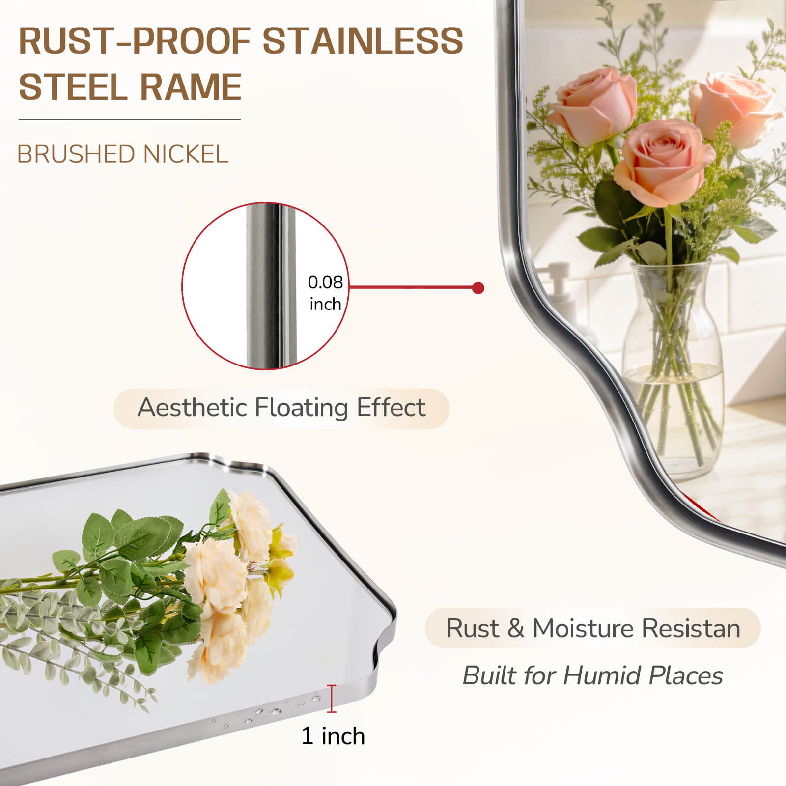 Modern Top Notched Corner Scalloped Bathroom Rectangle Vanity Wall Mirror | Stainless Steel Frame