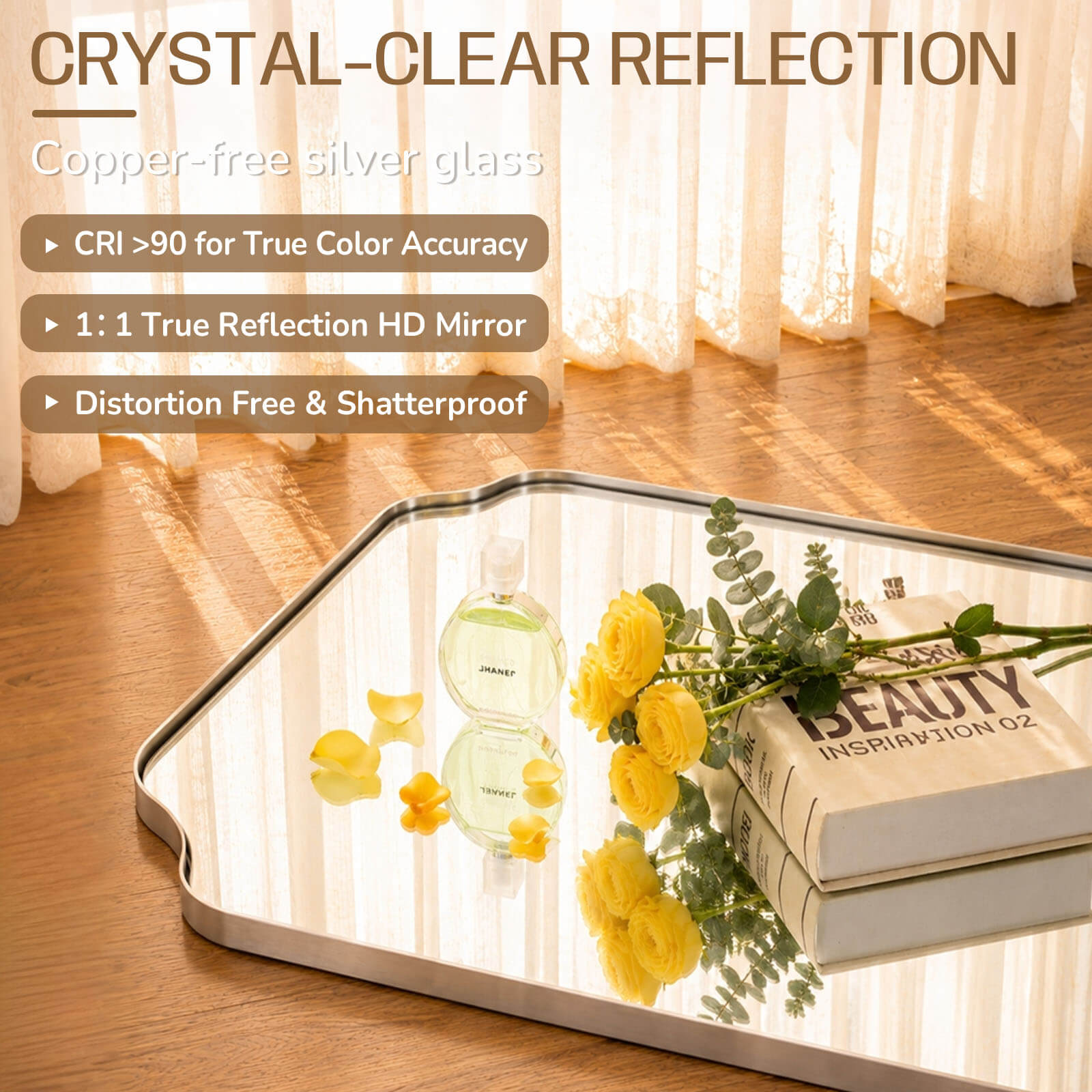 Modern Top Notched Corner Scalloped Bathroom Rectangle Vanity Wall Mirror | Stainless Steel Frame