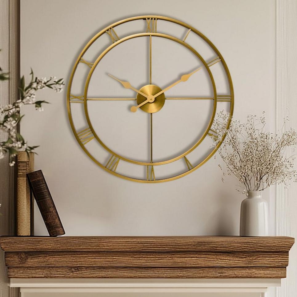 Retro Large Stainless Steel Round Hollow Metal Wall Clock Roman Numerals