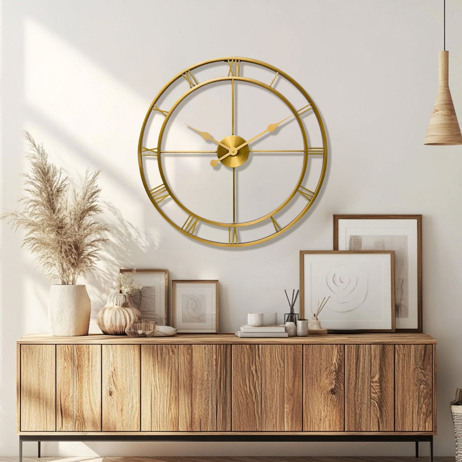 Retro Large Stainless Steel Round Hollow Metal Wall Clock Roman Numerals