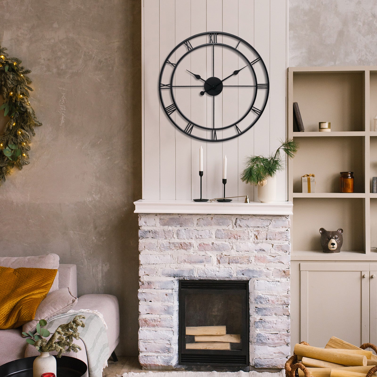 Retro Large Stainless Steel Round Hollow Metal Wall Clock Roman Numerals
