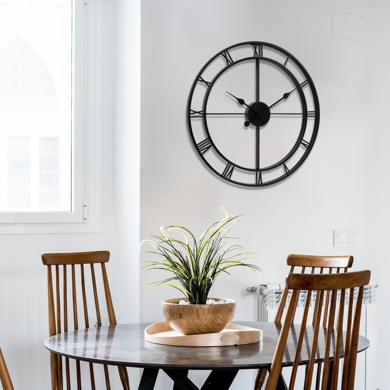 Retro Large Stainless Steel Round Hollow Metal Wall Clock Roman Numerals