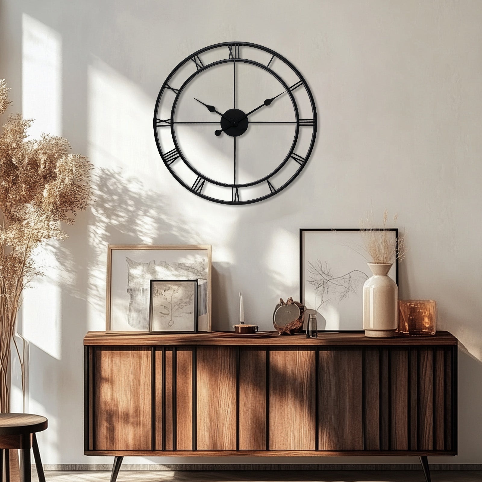 Retro Large Stainless Steel Round Hollow Metal Wall Clock Roman Numerals