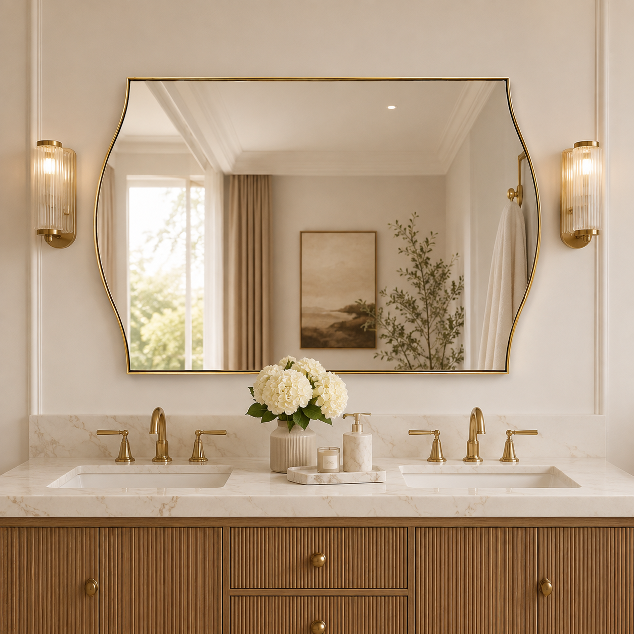 Dual Curve Arch Rectangular Scalloped Bathroom Wall Mirror |Stainless Steel Framed