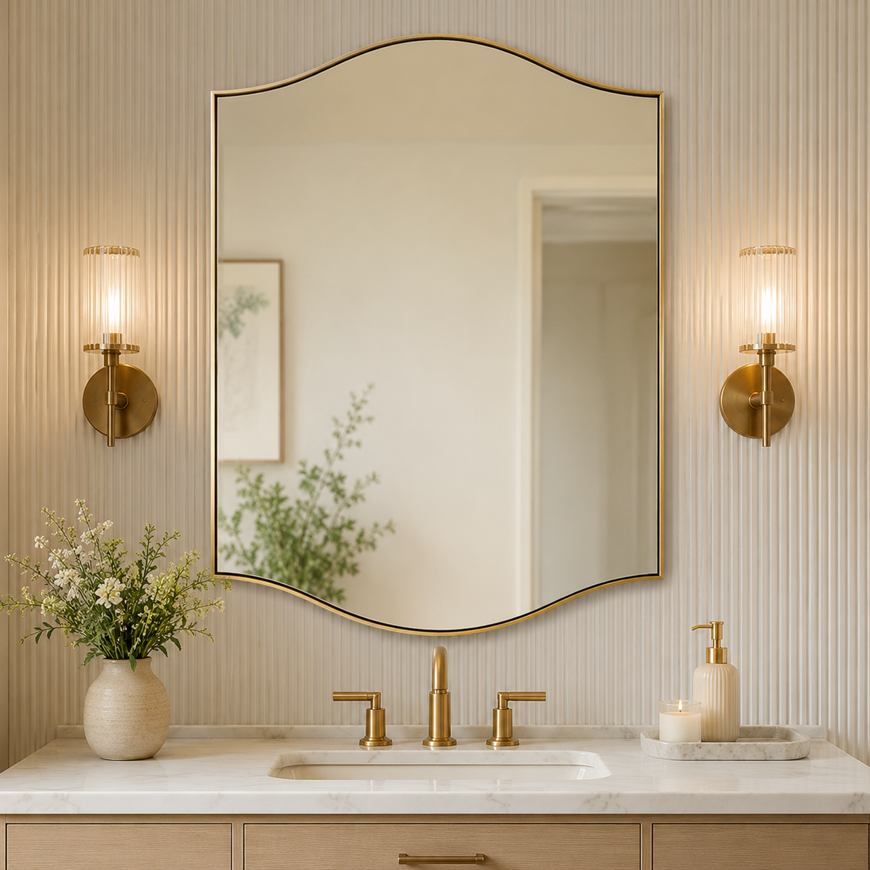 Dual Curve Arch Rectangular Scalloped Bathroom Wall Mirror |Stainless Steel Framed