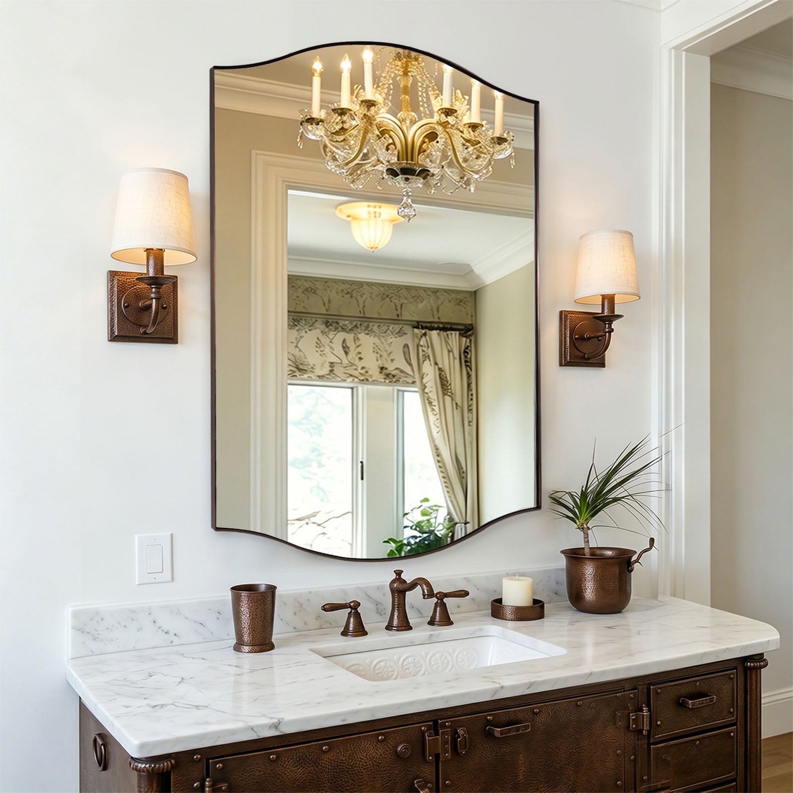 Dual Curve Arch Rectangular Scalloped Bathroom Wall Mirror |Stainless Steel Framed