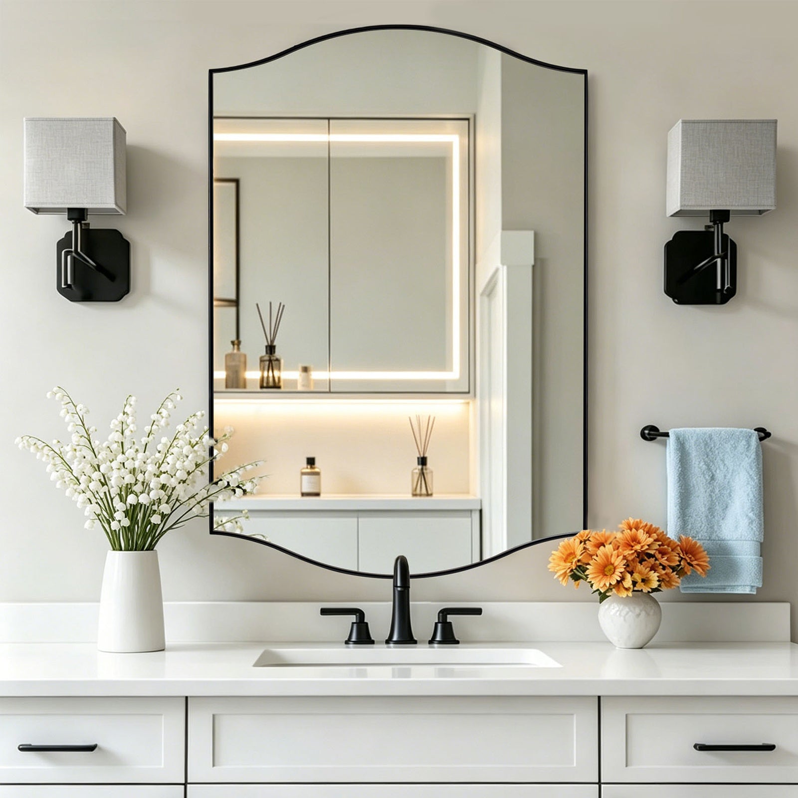 Dual Curve Arch Rectangular Scalloped Bathroom Wall Mirror |Stainless Steel Framed