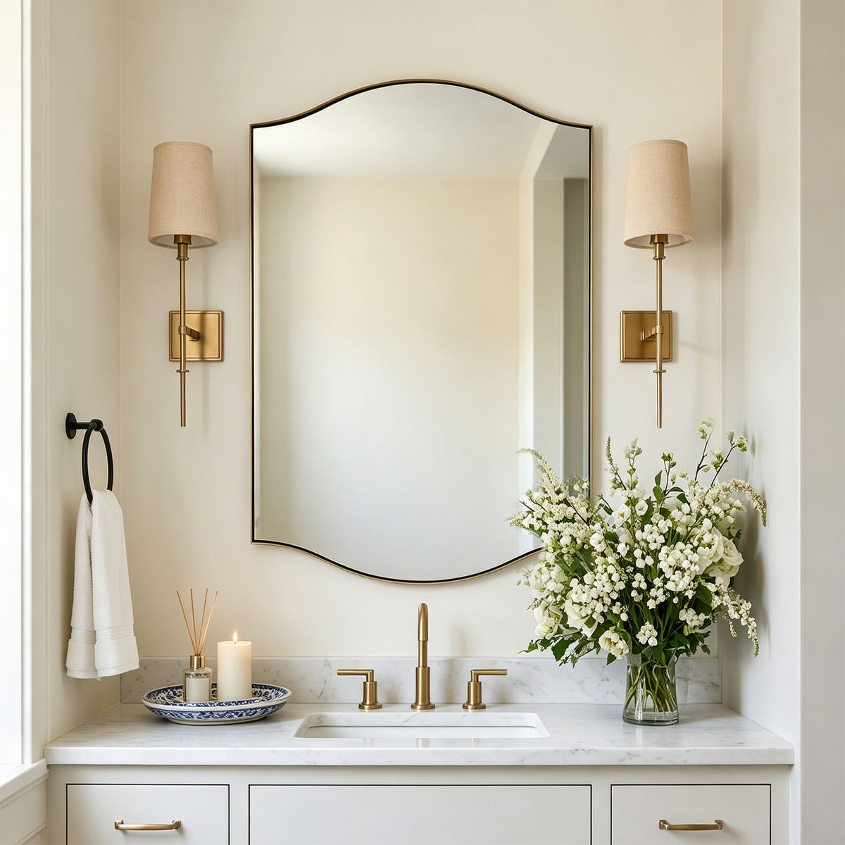 Dual Curve Arch Rectangular Scalloped Bathroom Wall Mirror |Stainless Steel Framed
