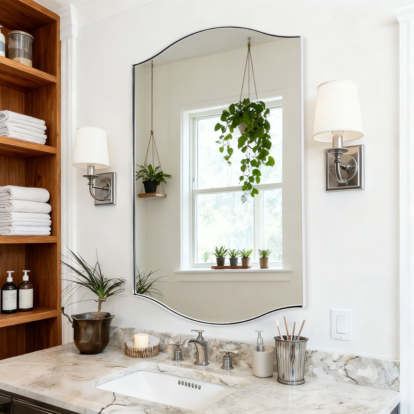 Dual Curve Arch Rectangular Scalloped Bathroom Wall Mirror |Stainless Steel Framed