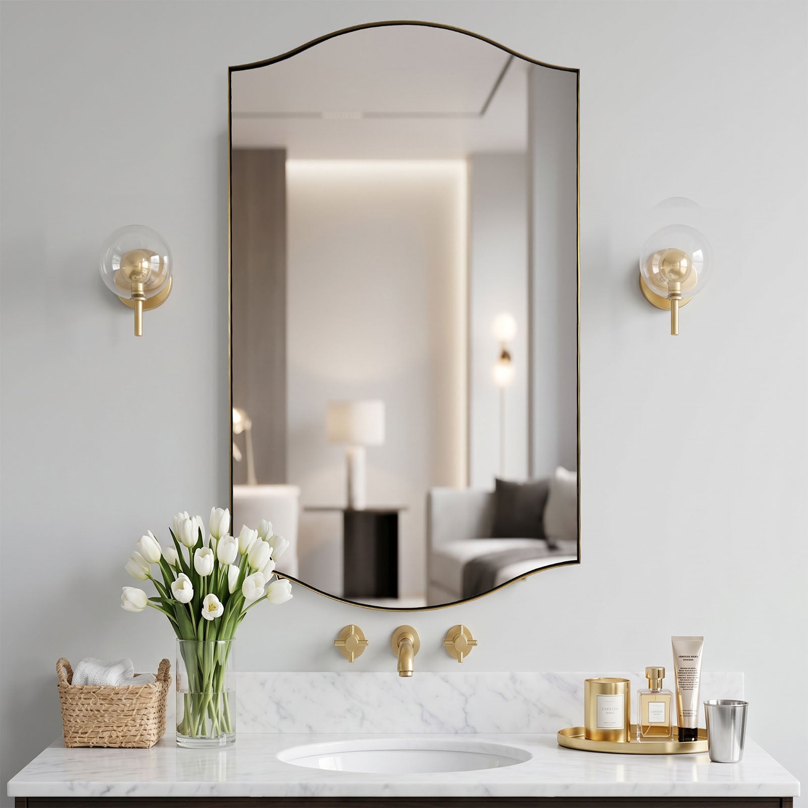 Dual Curve Arch Rectangular Scalloped Bathroom Wall Mirror |Stainless Steel Framed