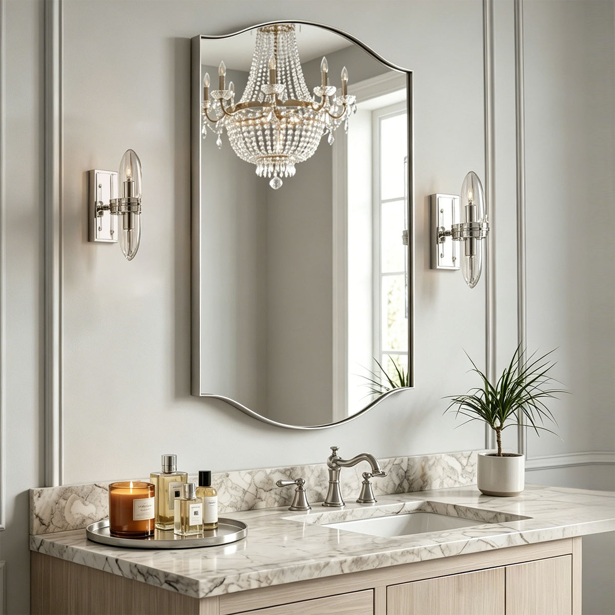 Dual Curve Arch Rectangular Scalloped Bathroom Wall Mirror |Stainless Steel Framed