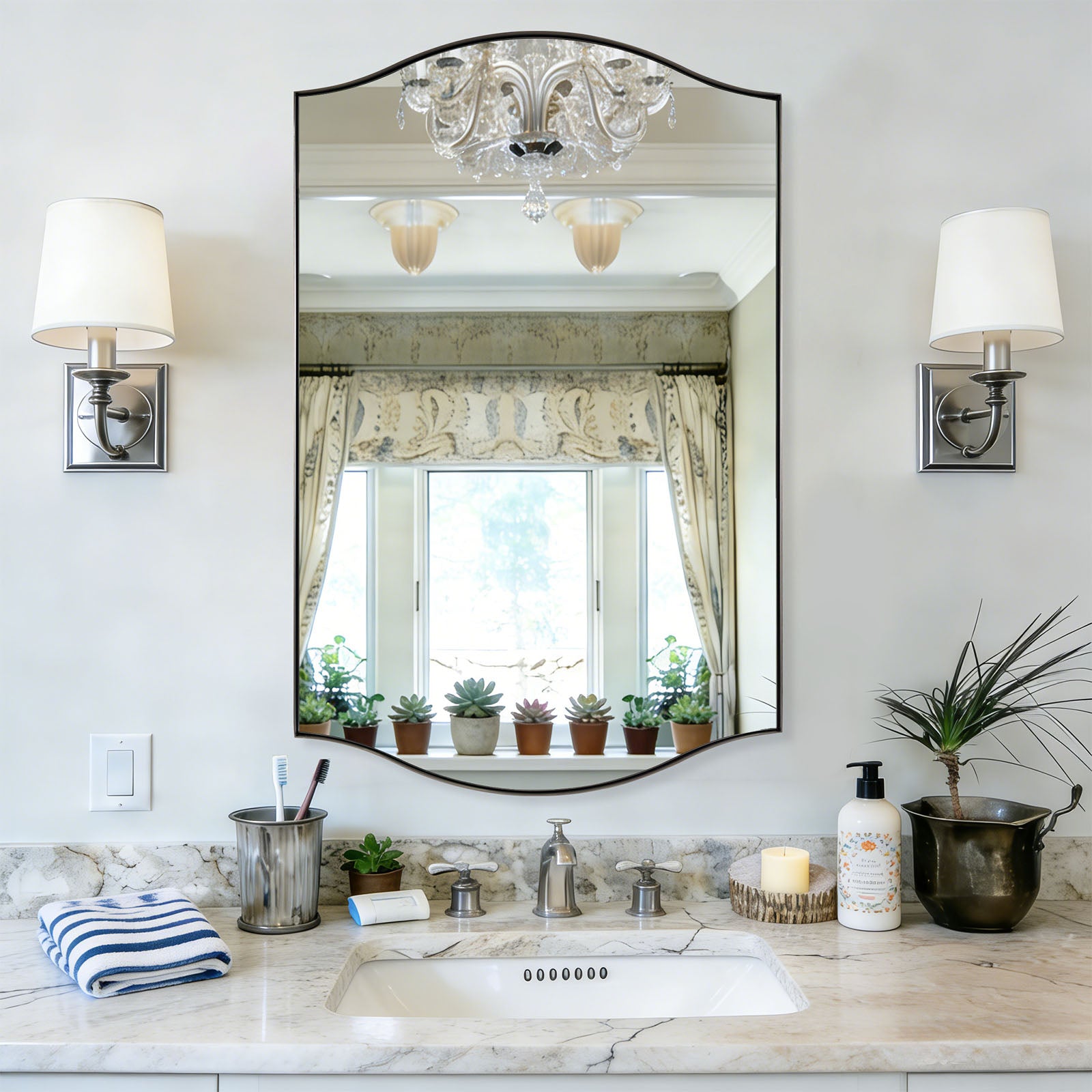Dual Curve Arch Rectangular Scalloped Bathroom Wall Mirror |Stainless Steel Framed