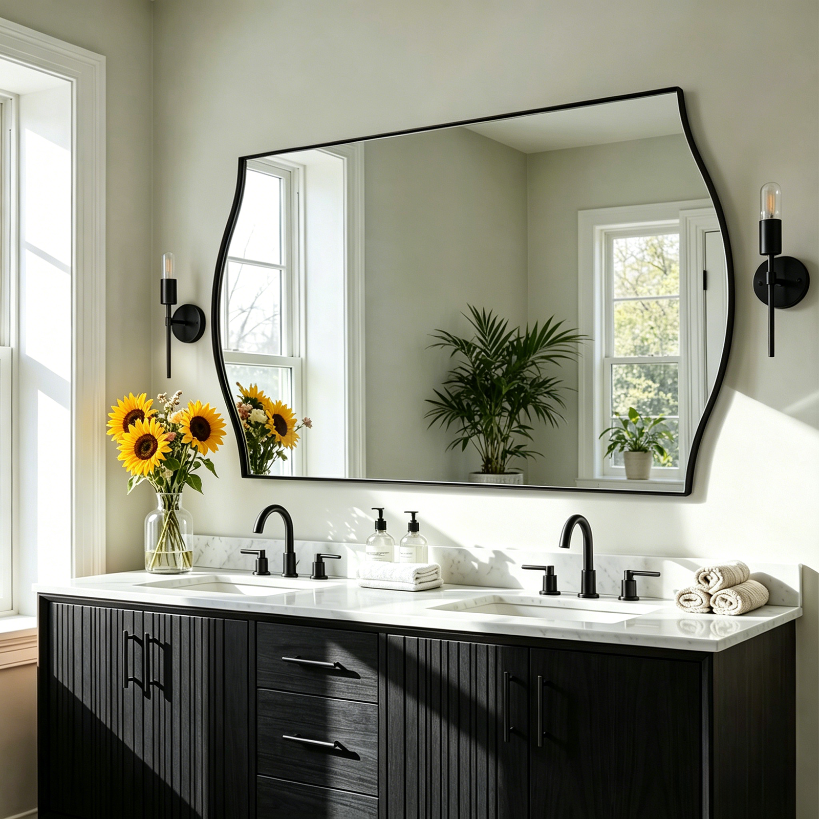 Dual Curve Arch Rectangular Scalloped Bathroom Wall Mirror |Stainless Steel Framed