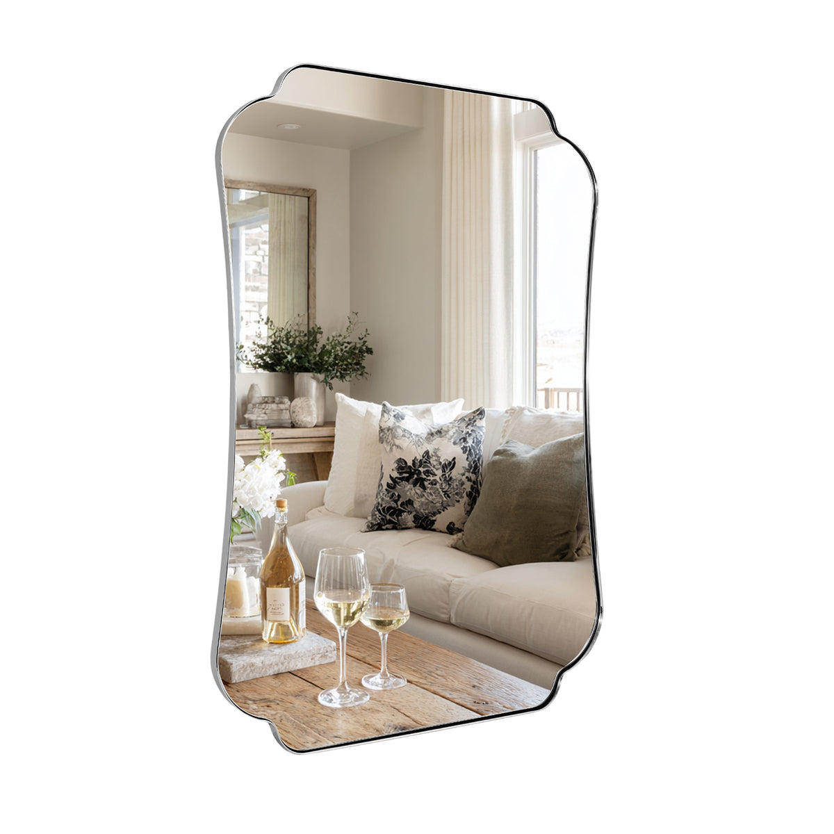 Contemporary Cut Corner Concave Edge Scalloped Bathroom Mirror | Stainless Steel Frame