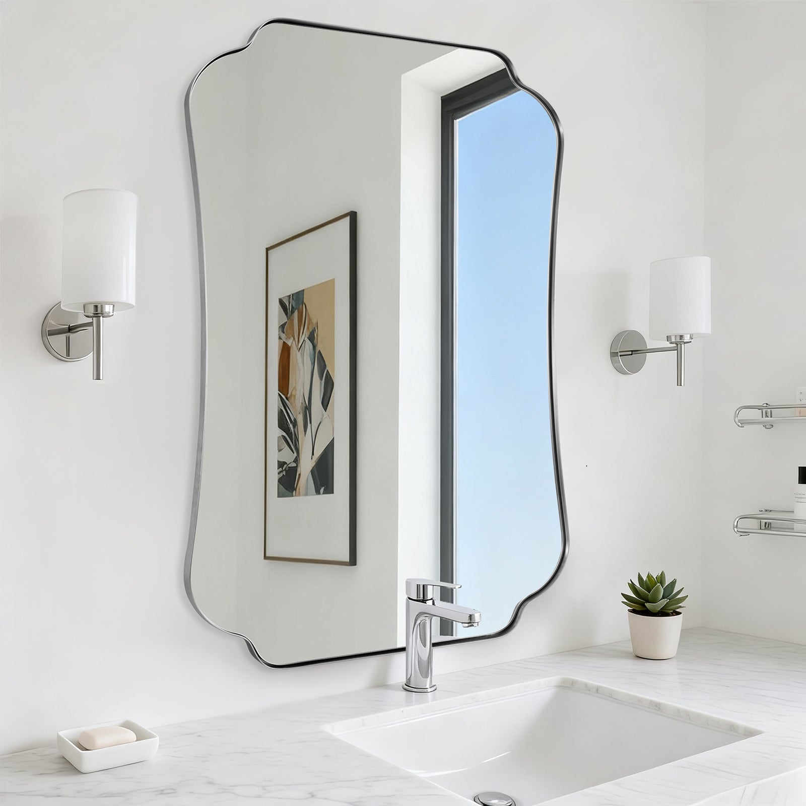 Contemporary Concave Edge Scalloped Bathroom Mirror Decorative | Stainless Steel Frame