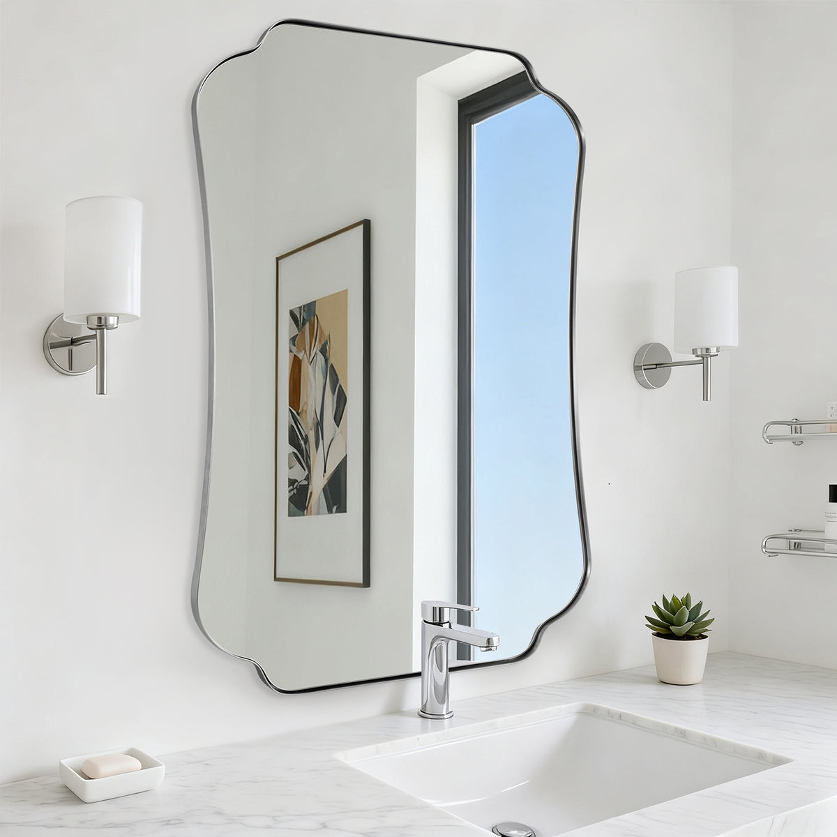 Contemporary Cut Corner Concave Edge Scalloped Bathroom Mirror | Stainless Steel Frame
