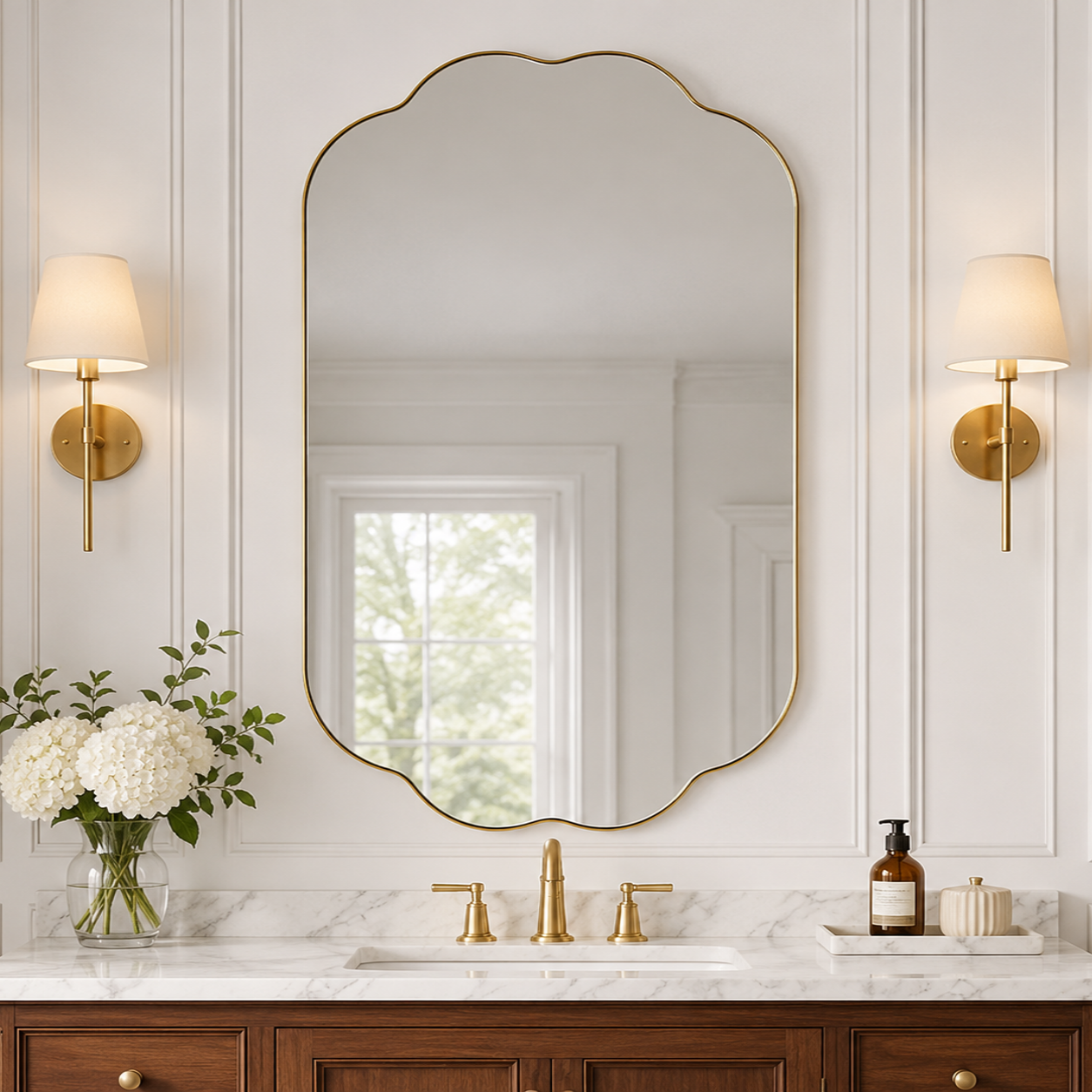 Contemporary Pill Shaped Long Oval Scalloped Bathroom Vanity Wall Mirror| Stainless Steel Framed