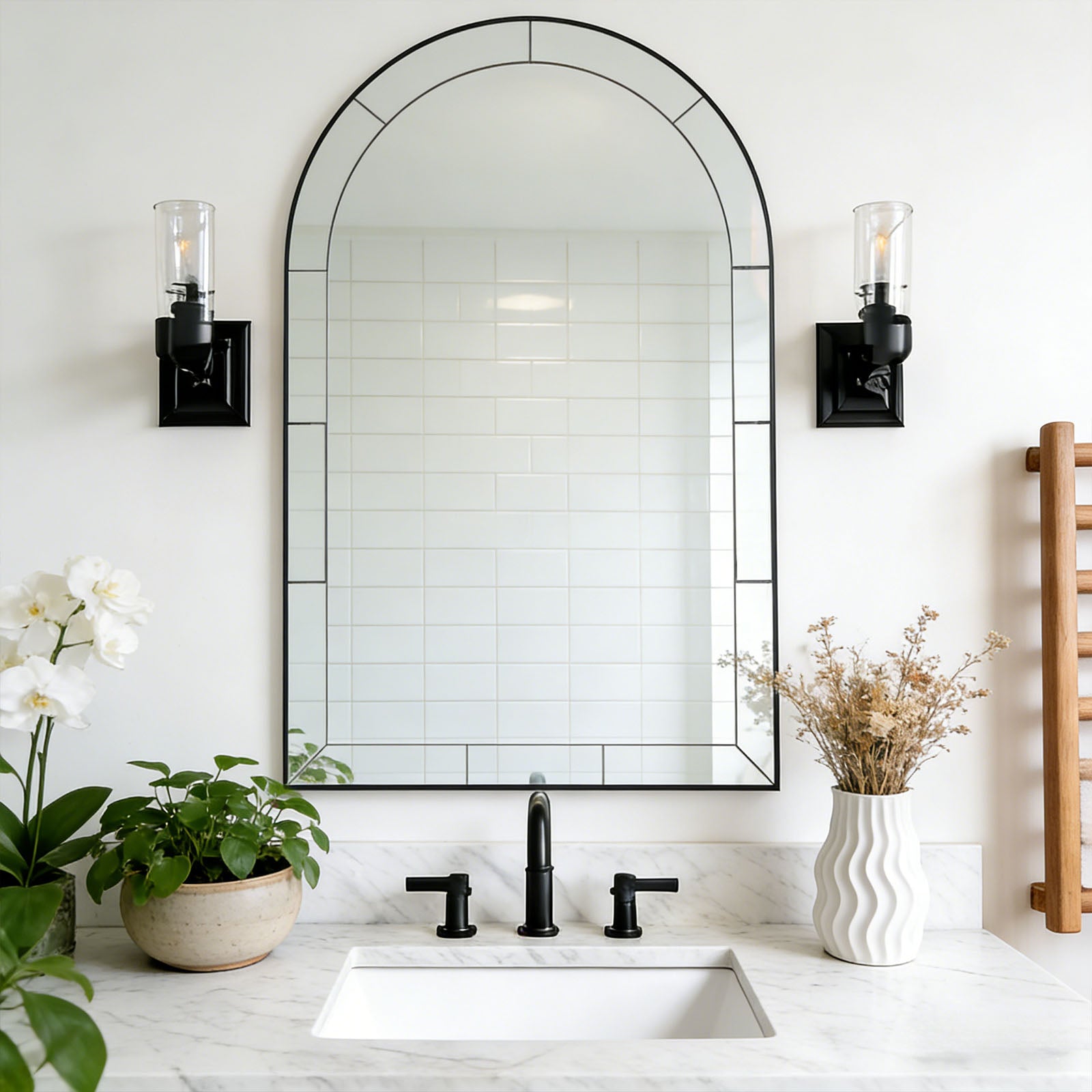 Minuette Glass Tile Edge Arched Mirror Bathroom Vanity Mirror | Stainless Steel Frame