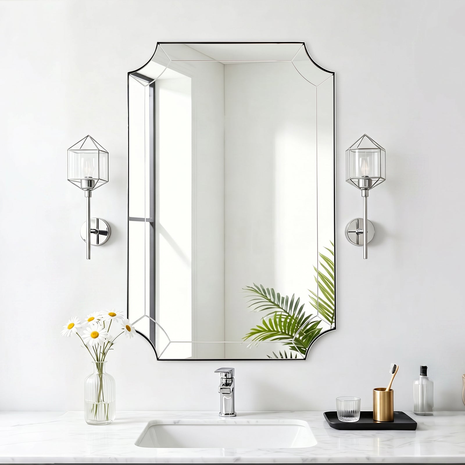 Minuette Glass Tiles Edge Scalloped Bathroom Vanity Mirrors | Stainless Steel Frame