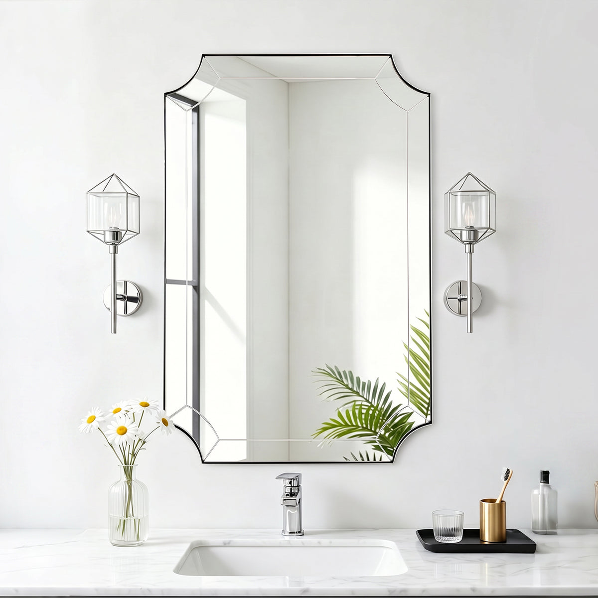 Modern Glass Tiles Edge Cut Corner Scalloped Bathroom Vanity Mirrors | Stainless Steel Frame