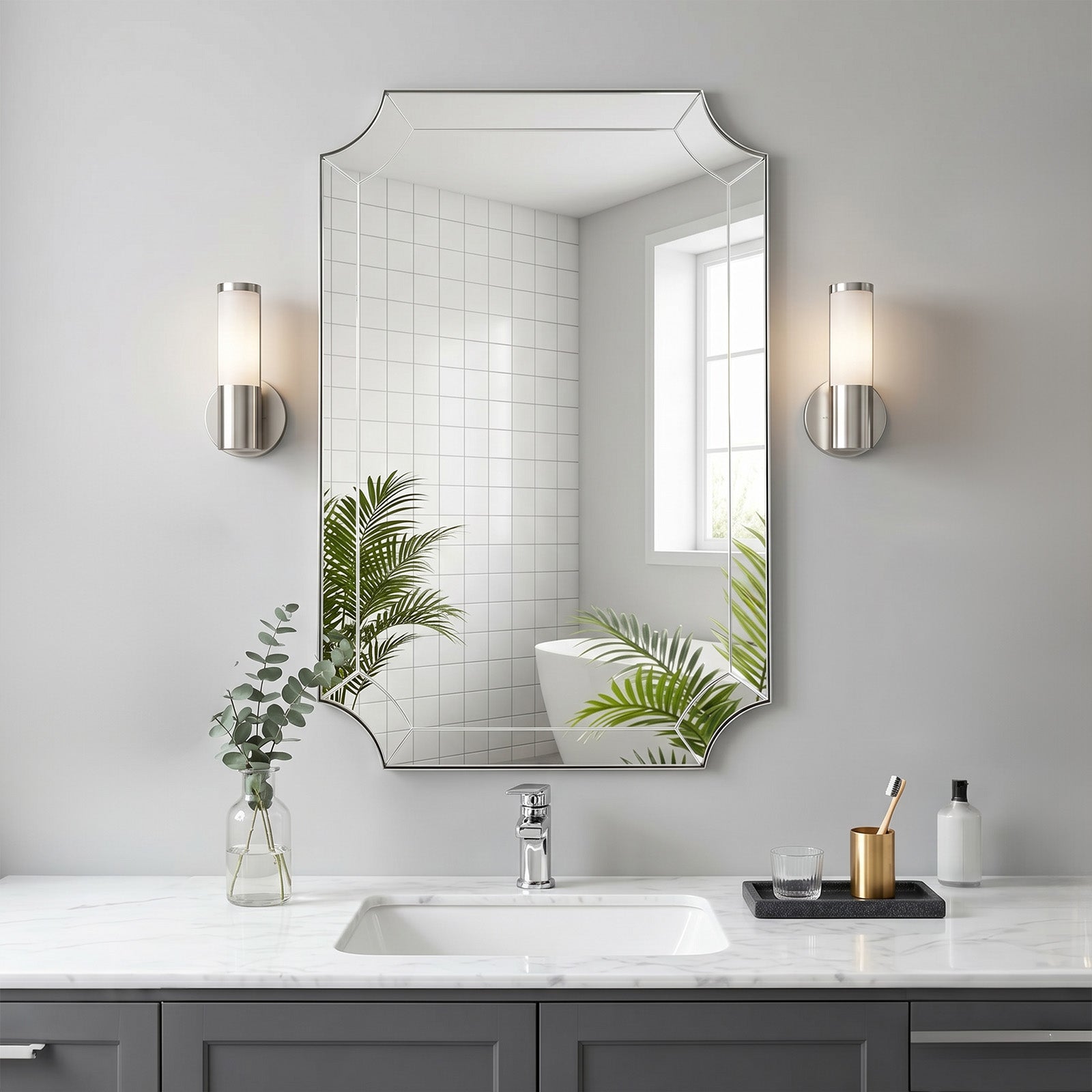 Minuette Glass Tiles Edge Scalloped Bathroom Vanity Mirrors | Stainless Steel Frame