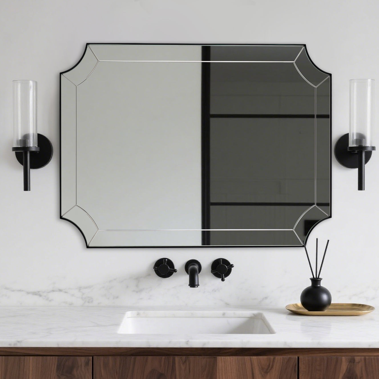 Minuette Glass Tiles Edge Scalloped Bathroom Vanity Mirrors | Stainless Steel Frame