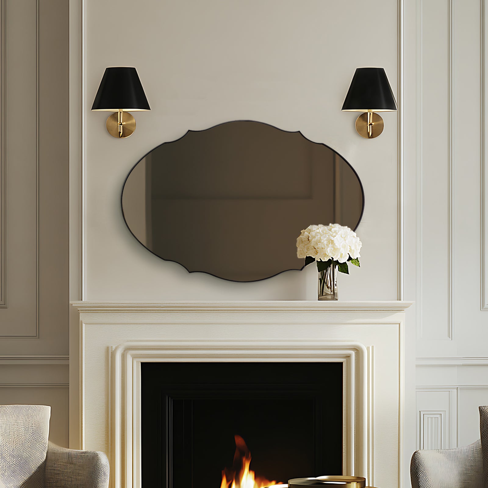 Contemporary Oval Scalloped Wall Mirror Irregular Bathroom Vanity Mirror| Stainless Steel Frame